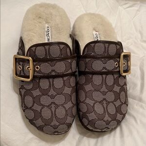 Coach Brown Patterned Mules with Gold Buckle